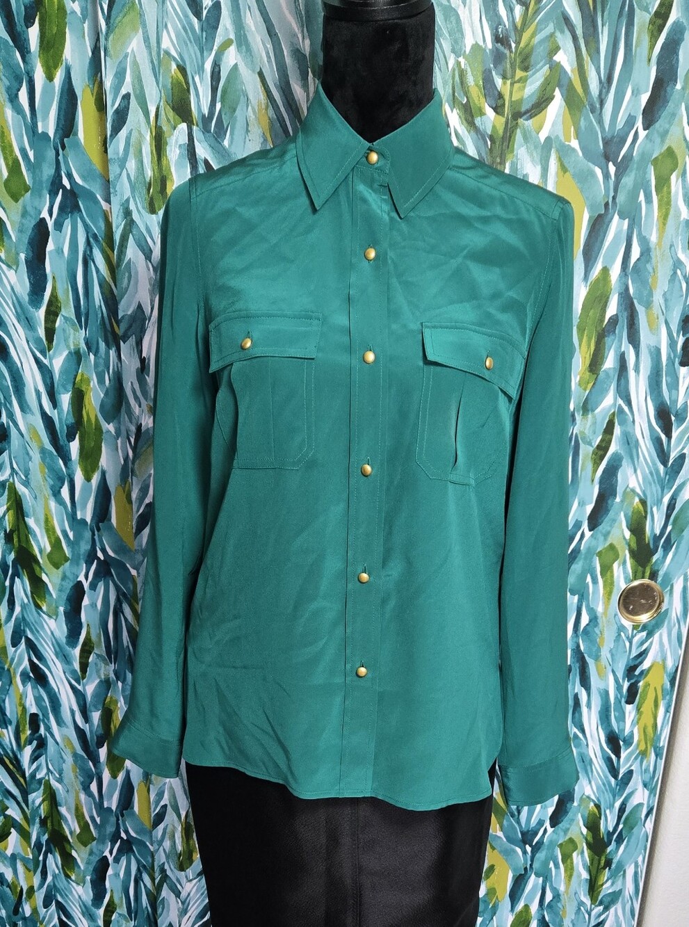 Marc By Marc Jacobs 100% Silk Teal Button-Front Blouse with Gold Buttons